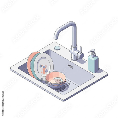 Isometric illustration of a kitchen sink filled with dirty dishes, a faucet, and soap dispenser.