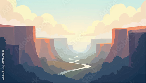 Stylized Digital Illustration of Grand Canyon Landscape with River and Clouds