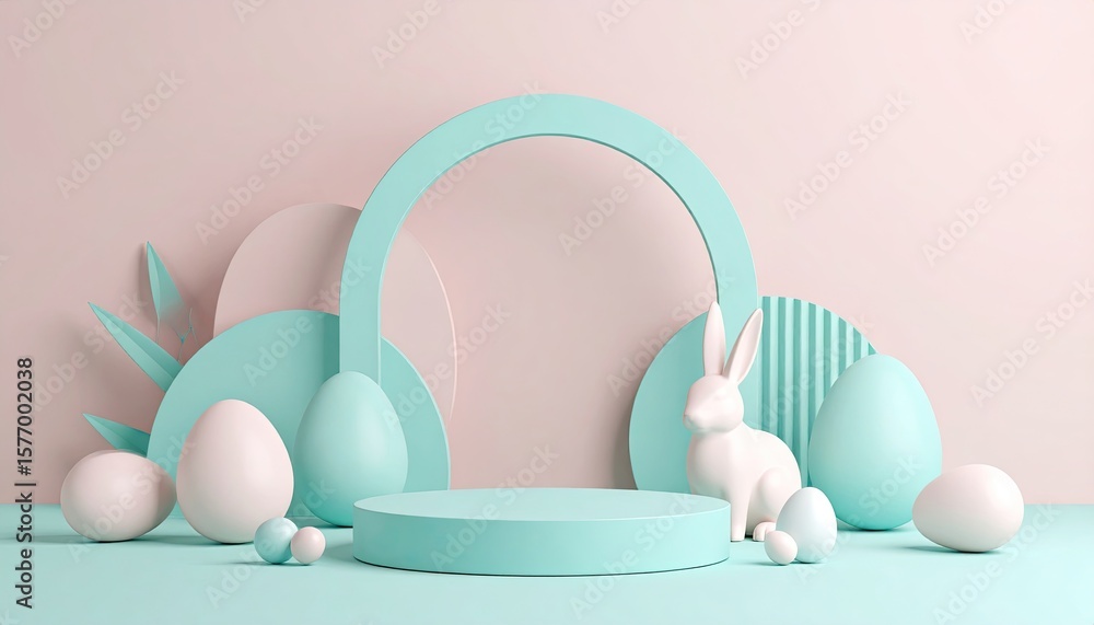 Fototapeta premium Pastel Easter scene with eggs and a rabbit