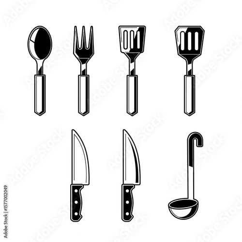 Black and white illustration of various kitchen utensils, arranged neatly.