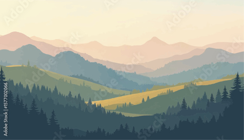 Colorful Mountain Landscape with Layered Hills and Forests in Soft Pastel Tones