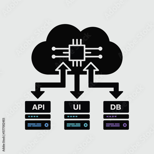 Black Cloud Computing Icon Depicting Data Transfer from Central Processing Unit to A P I U I and D B Servers Illustrating Uploads and Downloads Data Flow Diagram