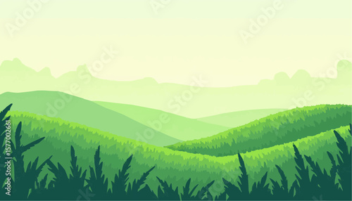 Lush Green Mountain Landscape Illustration in Soft Pastel Colors for Nature and Environment Designs