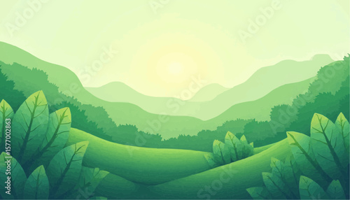Green Landscape Illustration of Mountainous Forest with Sunrise in Soft Pastel Colors