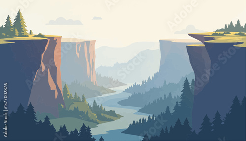 Serene Mountain Canyon Landscape with River Forested Cliffs in Soft Light