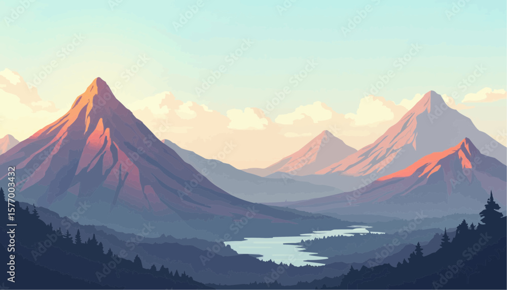 Naklejka premium Majestic Mountain Landscape with River and Forest in Soft Pastel Colors