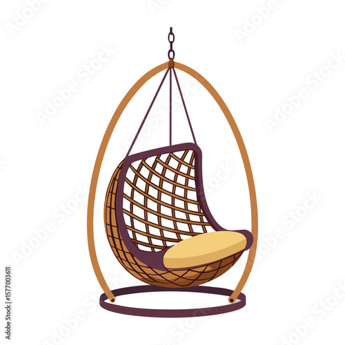 Woven egg shaped hanging chair with yellow cushion