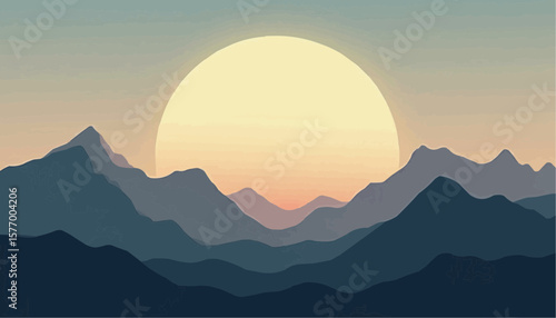 Sunset Over Mountain Range with Soft Gradient Sky in Calm Landscape Scene