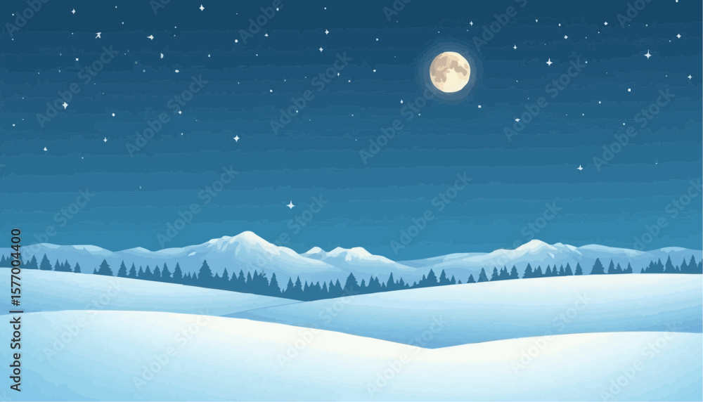 Naklejka premium Serene Winter Night Landscape with Snow-Covered Mountains and Bright Full Moon