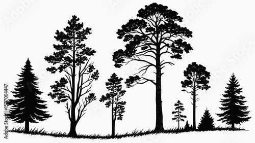 Silhouette of various trees including pines and firs in a forest landscape illustration art, black and white vreated with genrated ai