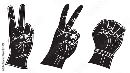 Three hands displaying different gestures including peace sign and closed fist in black and white style vreated with genrated ai