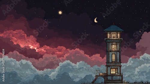 Pixelated night sky with a clock tower