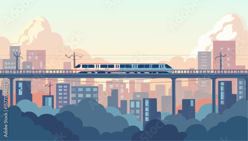 Modern Passenger Train Traveling on Elevated Track Above Cityscape in Soft Pastel Colors