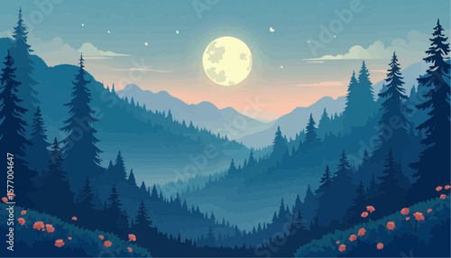 Serene Night Landscape of Moonlit Forest with Pink Flowers and Mountain Silhouettes