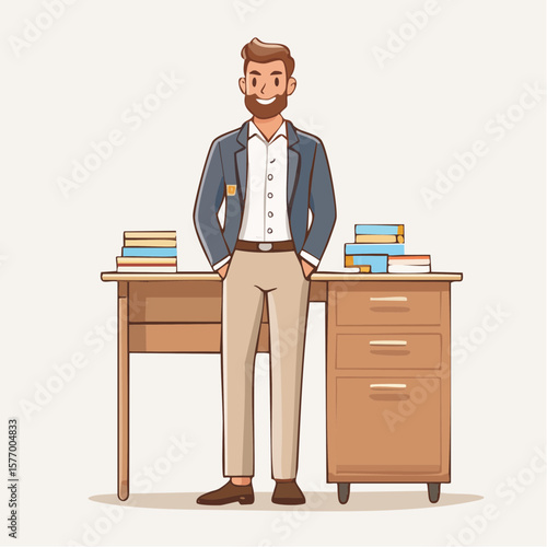 Illustration of a Teacher: A dedicated educator stands confidently at a desk, embodying knowledge and approachability, with the backdrop of books symbolizing learning and academic rigor.