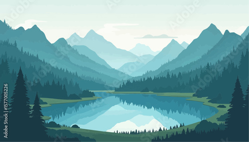 Serene Mountain Lake Landscape with Forested Peaks and Calm Water in Soft Blue Tones