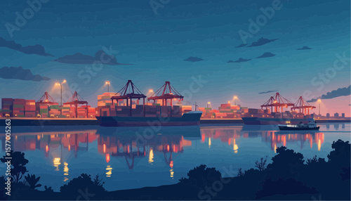 Cargo Ships Docked at Container Port During Twilight with Reflection in Calm Water