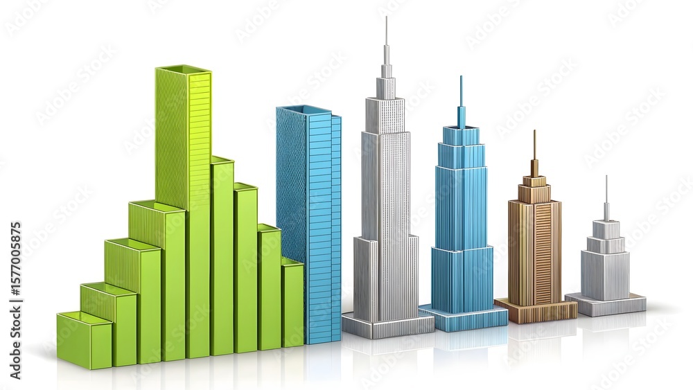 Obraz premium A colorful bar graph and building models arranged on a white surface in a row formation style