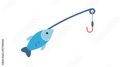 Blue fish caught with fishing rod and hook illustration for fishing and outdoor activities design use