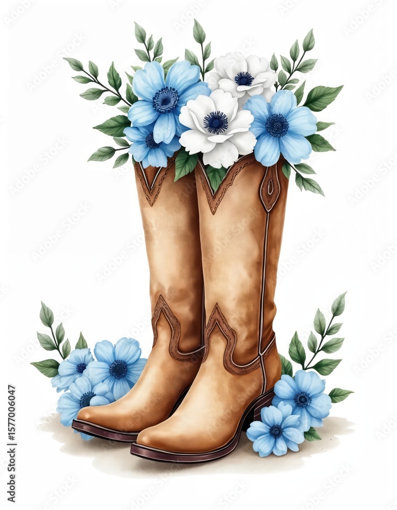 Fototapeta premium Illustration of western cowboy boots with floral design. Boots with blue flowers and green leaves in warm brown hue. Farmhouse rustic wedding boot decoration.