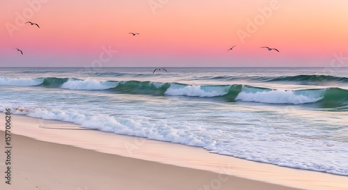 Serene Sunrise Over Turquoise Waves and Sandy Beach, Tranquil Seascape with Birds Flying Across Pink Sky at Dusk