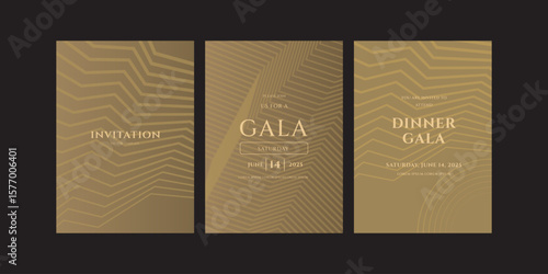 Three gold invitation templates featuring geometric patterns. Announce a gala dinner on June 14, 2025. Modern and sophisticated design.