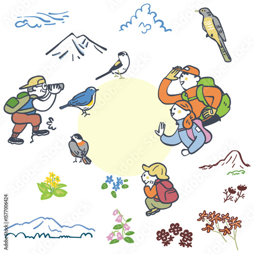 登山で自然を満喫する人々　セットのストックイラスト素材

