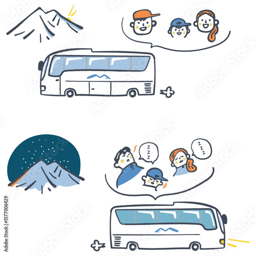 バスで行く登山ツアー　元気な行きと疲れた帰り道　セットのストックイラストセット
