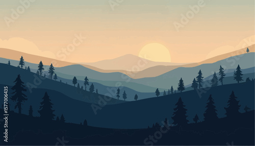 Serene Mountain Landscape with Layers of Forests and Sunrise in Soft Pastel Colors