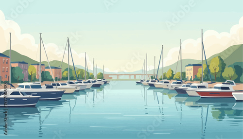 Serene Marina with Sailboats and Green Hills Under Clear Sky