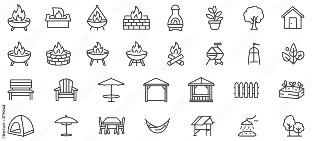 Fototapeta premium Backyard Firepit & Outdoor Features Line Icons – Unique Vector Set for Landscaping, Patio Design, Camping & Garden Projects
