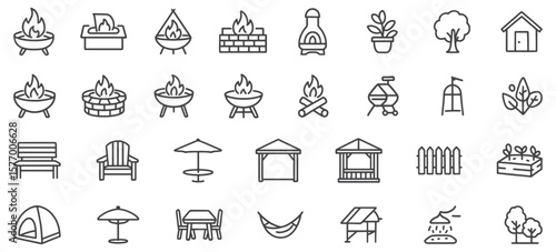 Backyard Firepit & Outdoor Features Line Icons – Unique Vector Set for Landscaping, Patio Design, Camping & Garden Projects