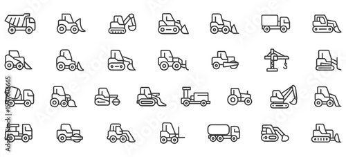 Construction Vehicle Line Icons Pack – Unique Heavy Equipment, Bulldozer, Excavator, Dump Truck, Crane, Loader & Industrial Machinery Symbols