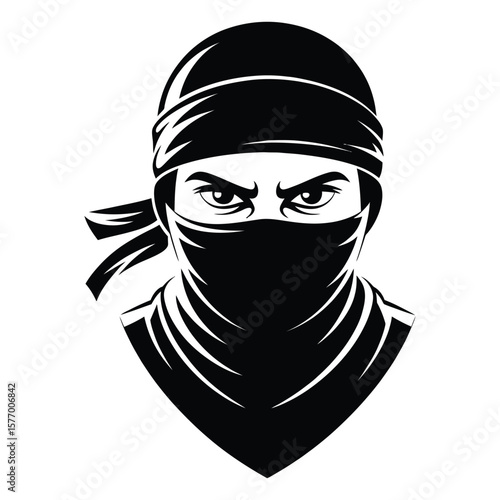 black and white ninja portrait featuring masked face, flowing side-tied head wrap, fierce determined eyes, graphic style with sharp lines, set against stark white backdrop.