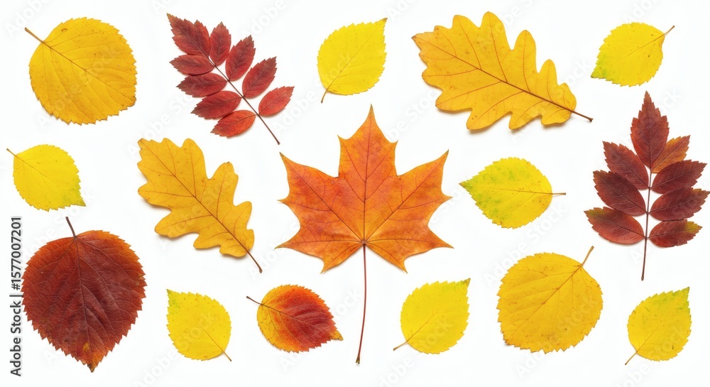 Obraz premium Autumns Palette Colorful Leaf Collection on Crisp White Backdrop.