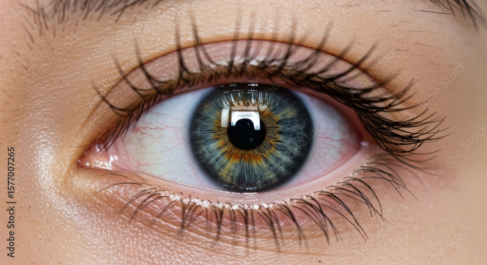 Fototapeta premium Eye See You Closeup of blue and golden iris with surrounded by lashes.