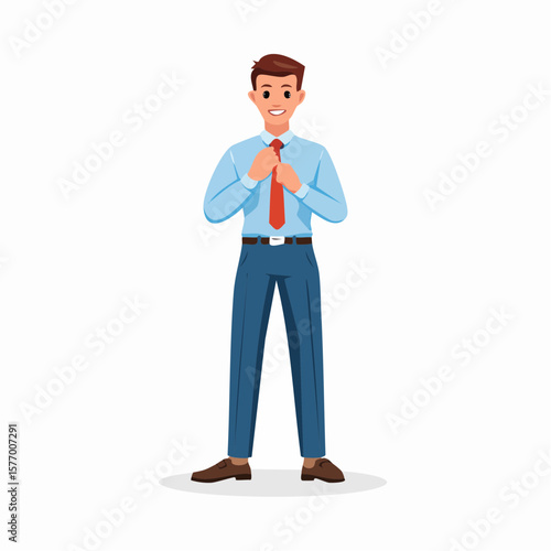 Smart and Prepared: A focused professional straightens his tie, epitomizing readiness and poise in this professionally crafted illustration, ideal for business-related concepts.