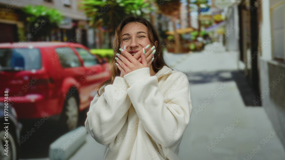 Fototapeta premium Young woman in white sweater giggles playfully while covering her face on a sunny city street with vibrant red car and greenery around.