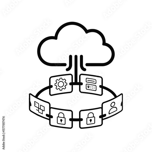 Black Line Art Illustration Secure Hybrid Cloud Network Multiple Devices Connected Cloud Server Padlock Icons Data Security Circular Network Design