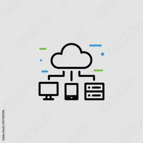 Black Line Art Vector Illustration of Cloud Computing Network Showing Desktop Computer Mobile Phone Server Data Storage Technology Minimalist Icons on Light Gray Background