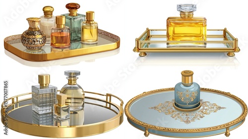 Wallpaper Mural Four perfume bottle arrangements on trays with varying shapes, sizes, colors, and decorative details, reflected below Torontodigital.ca