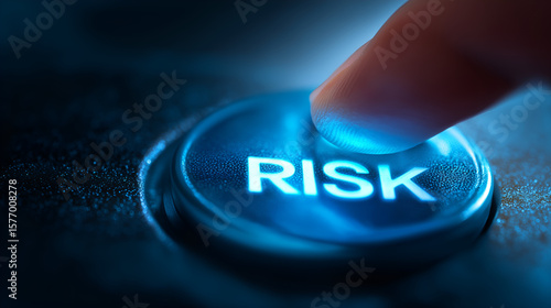 Pressed Button: Risk: A close-up view shows a finger about to press a glowing blue button labeled 