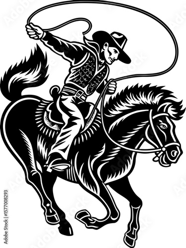 Western Cowboy Riding Horse with Lasso – Vintage Rodeo Vector Illustration