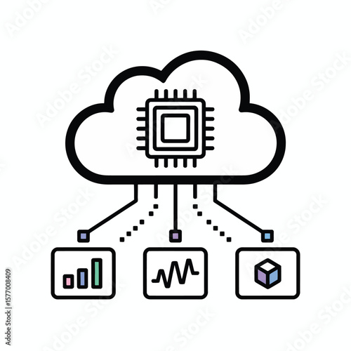 Black Outline Cloud Computing System Graphic Microchip Data Processing Bar Graph Waveform Cube Icon Network Connection Technology Diagram