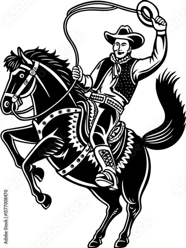 Cowboy on Horseback with Lasso – Vintage Western Rodeo Illustration