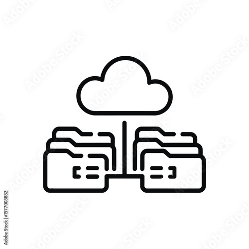 Black Outline Icon Illustrating Cloud Data Synchronization System Two Servers Multiple Folders Blue and Purple Accents Data Transfer