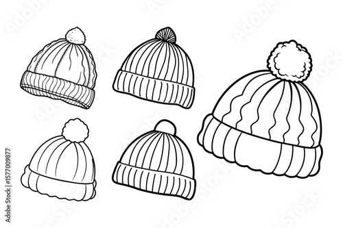 Collection of minimalist line art illustrations of knitted beanies in various colors