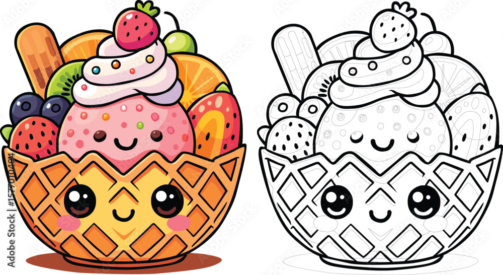 Fototapeta premium Cute Kawaii Ice Cream Sundae in Waffle Bowl with Fruits Adorable Vector Cartoon for National Ice Cream Day, Summer Dessert Illustration with Smiling Toppings, Whipped Cream and Colorful Sprinkles