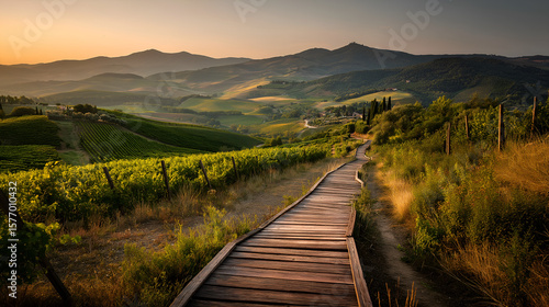 Pathway to serenity: A scenic trail meanders through a lush vineyard, offering an immersive journey amidst rolling hills, capturing the essence of nature's beauty and tranquility.