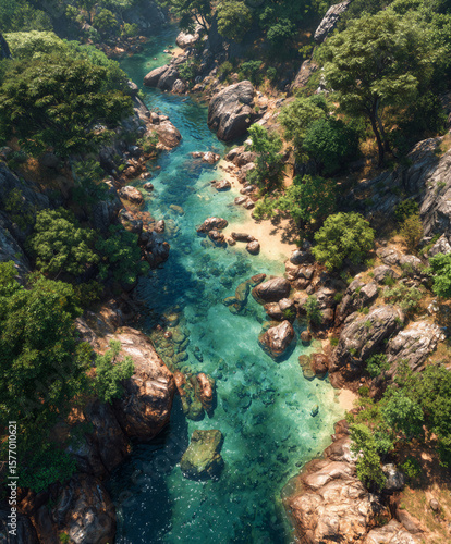 The creek, rock, bird eye view.